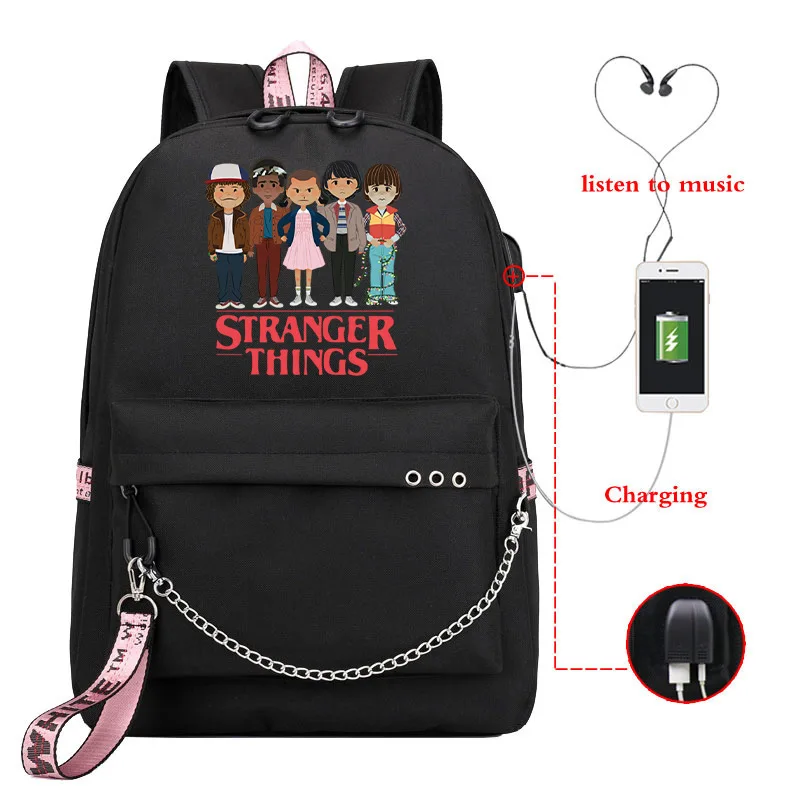 Freak Stranger Things, сумка на плечо, USB, с двойной проводкой, для девочек, модный рюкзак на цепочке, школьная сумка, дорожные сумки для мужчин и женщин