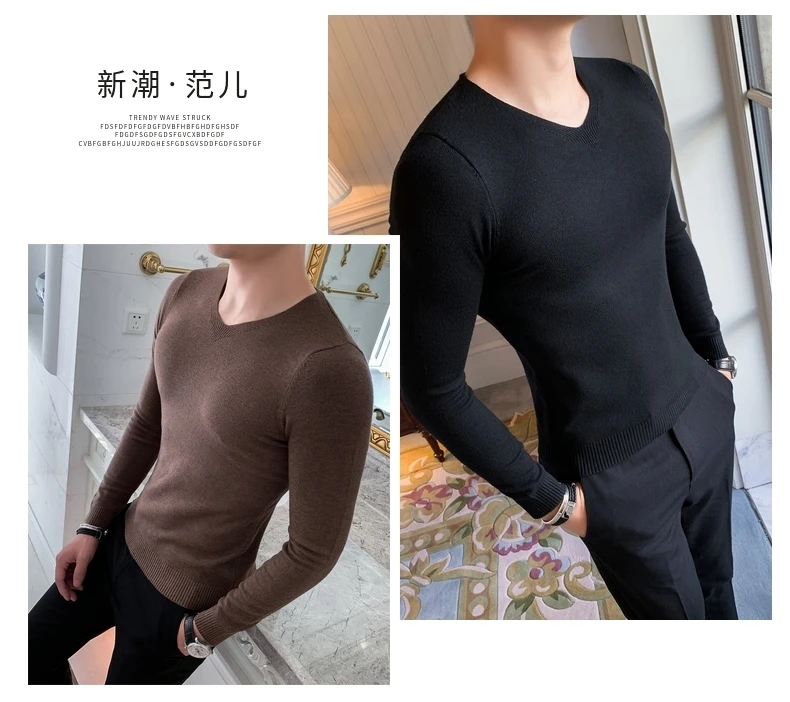 Тонкий свитер Masuclina круглый вырез Pull Homme пуловер для мужчин Корейский мужской модный свитер черный 4 сплошной цвет облегающий свитер для мужчин