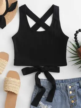 

ZAFUL 2019 Sexy Casual Women Strappy Tanks Vest Crop Top Summer Sleeveless Criss Cross Backless Solid Tank Tops