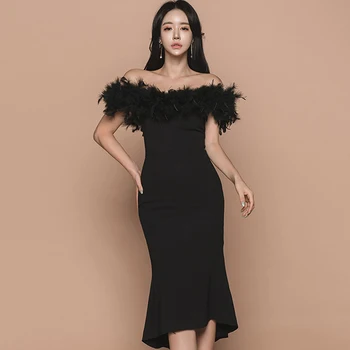 

2019 autumn and winter new Korean version of the sexy word collar fishtail turquoise ladies dress Knee-Length Patchwork
