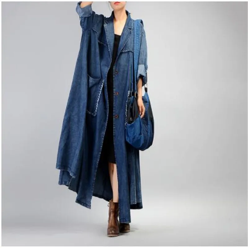 Women Plus Size Loose Irregular Denim Trench Coat Ladies Patchwork Retro Vintage Pockets Overcoat Outwear Female Coat Trench