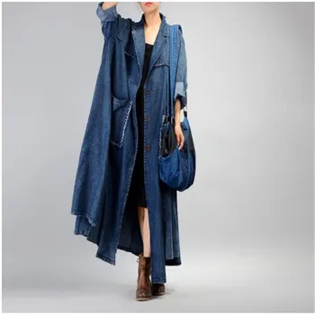 

Women Plus Size Loose Irregular Denim Trench Coat Ladies Patchwork Retro Vintage Pockets Overcoat Outwear Female Coat Trench