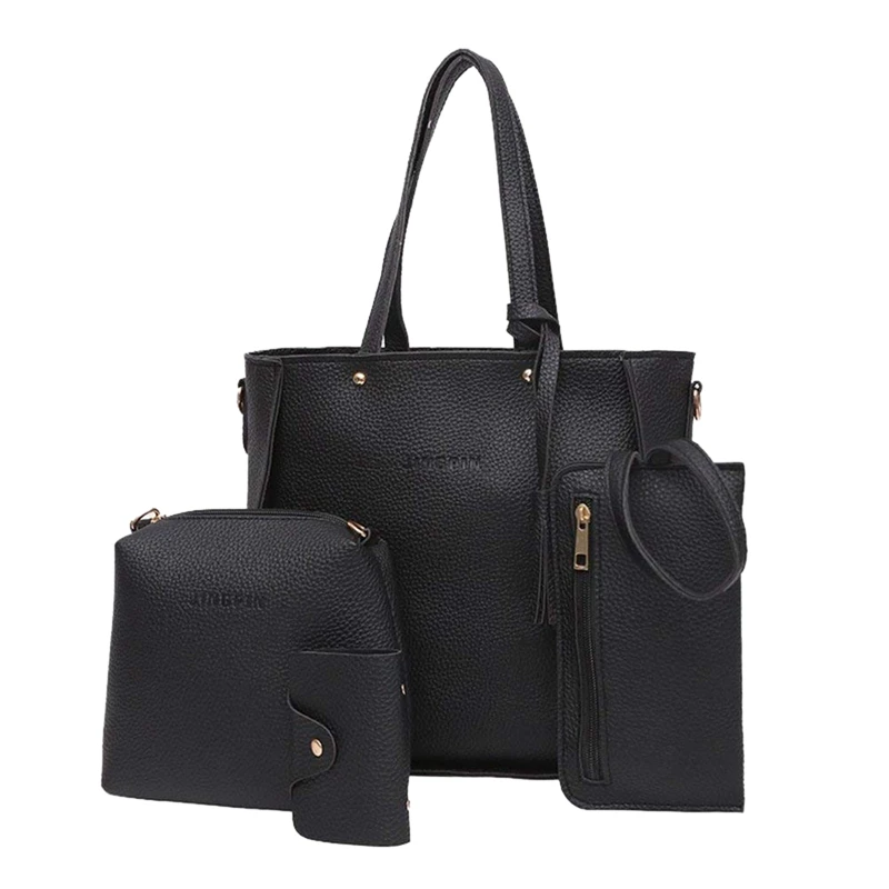 

ABZC-Women Fashion Handbag Shoulder Bag Purse Leather Tote Bag 4 Pieces (Black)