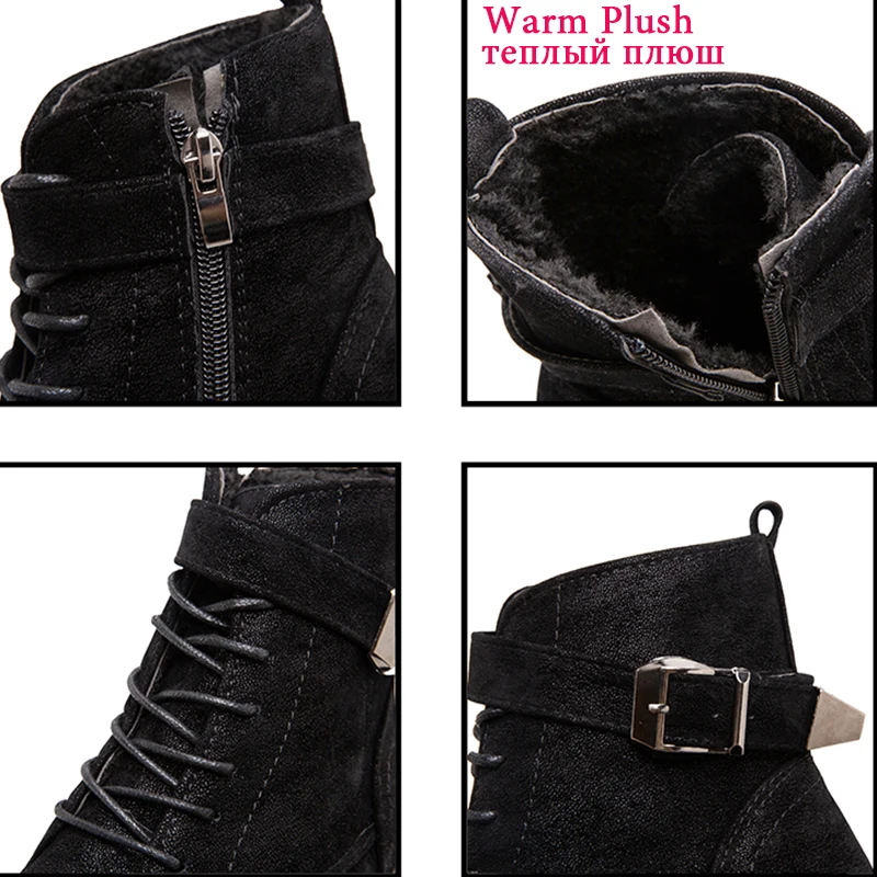 2019 New Platform Winter Boots Women Shoes Rubber Black Martin Boots Leather Lace Up Combat Ankle Boot Ladies Buckle Botas Mujer