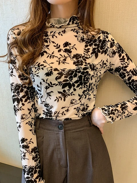 Korean Fashion Mesh Women Blouses Office Lady Shirt and Blouse Long Sleeve Floral Blusas Largas Loose Womens Sexy Tops Apricot