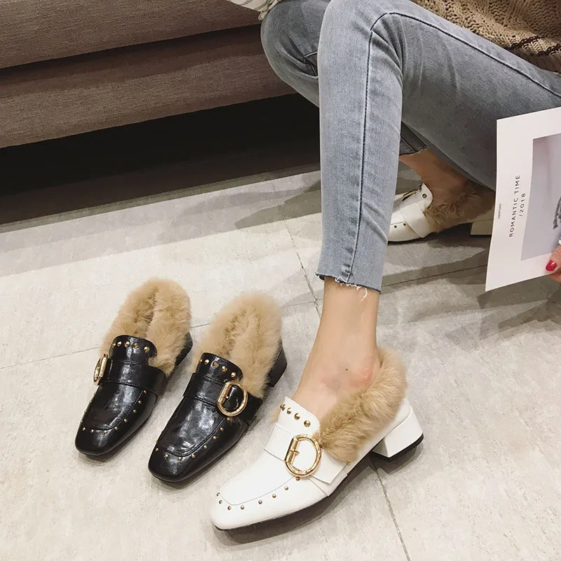 Winter Warm Women Pumps Sexy Square Toe Pu Leather High Heels Shoes Women Autumn Rivets Metal Buckle Faux Fur Pumps Ladies Shoes (6)