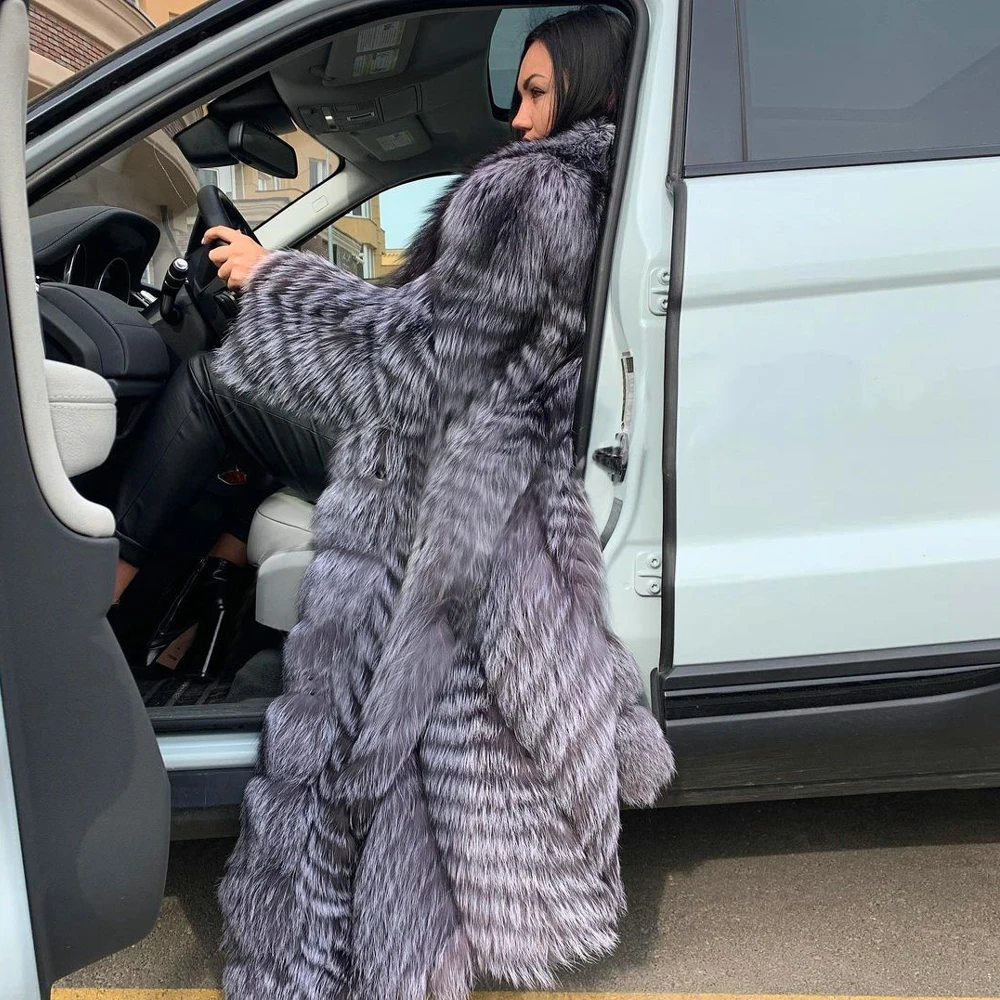 Fashion X-long Real Silver Fox Fur Coat with Big Turn-down Collar Winter Women High Quality Genuine Silver Fox Fur Coats Female