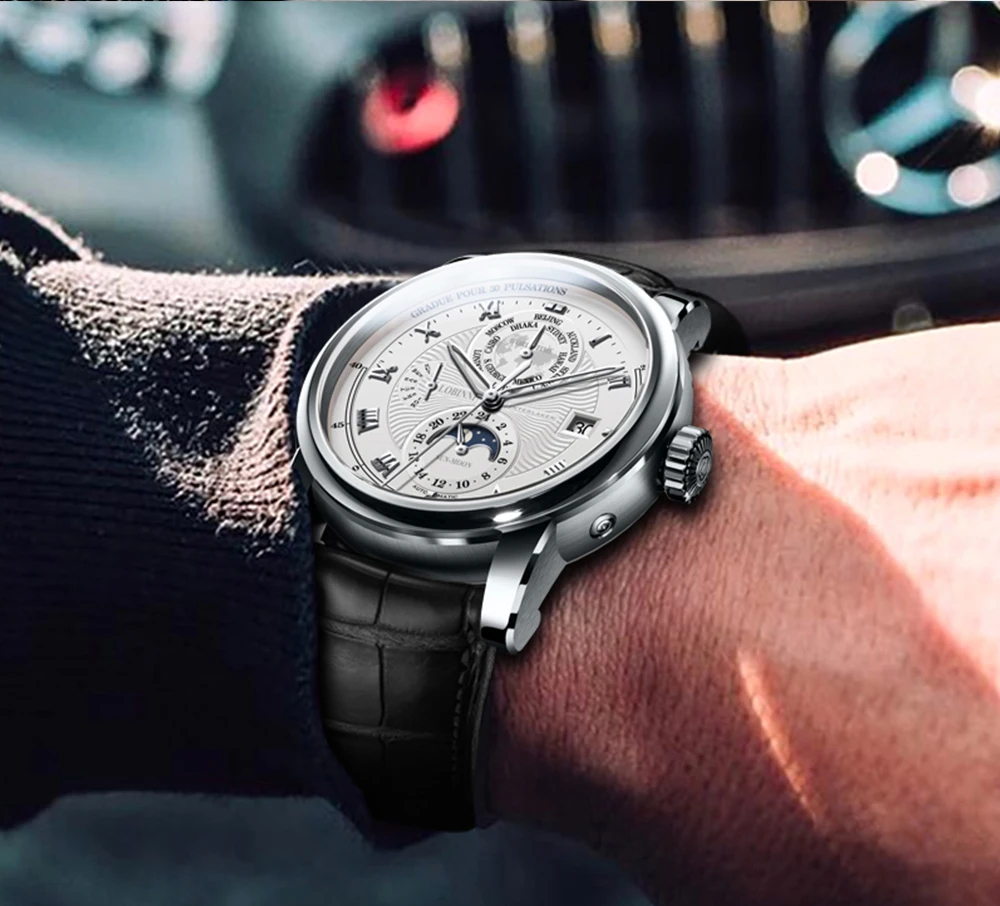 Швейцария LOBINNI мужской роскошный бренд часов Moon Phase автоматические механические мужские наручные часы Сапфировая кожа Чайка движение для мужчин t