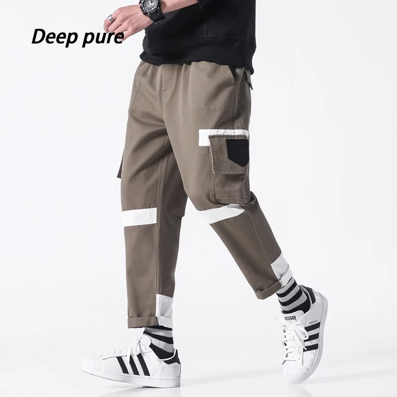 

men tooling Pants Harun Patchwork contrast inscription design drawstring elastic waist Loose Streetwear Pants black