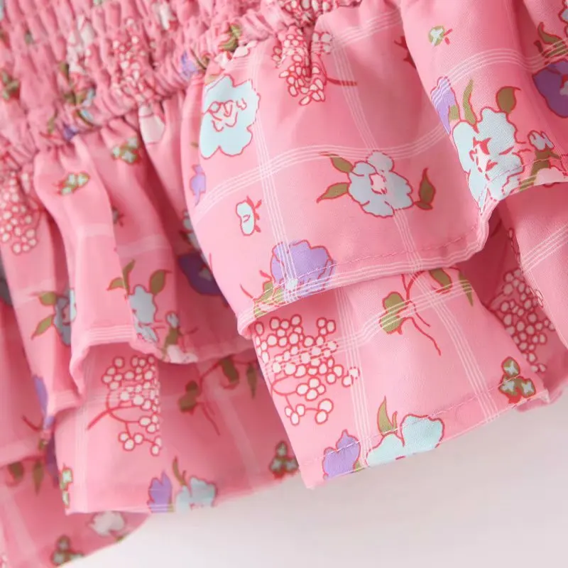Женское розовое эластичное шифоновое платье в клетку с цветочным принтом, женские вечерние мини-платья с рукавами-фонариками и квадратным вырезом