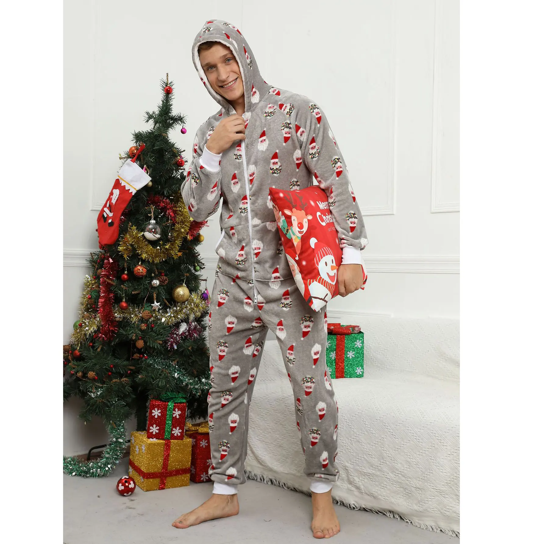 Men Onesie Christmas Pajama Adult Jumpsuit Winter Warm Sleepwear Flannel Outfit Festival Party Suit Print Kigurumis Unisex