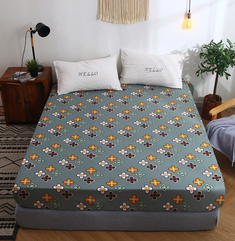 BedCover Simplicity Pure Pattern Printing Brushed Fitted Sheet Mattress Cover With Elastic Band Soft Bedding Linens Home Textile