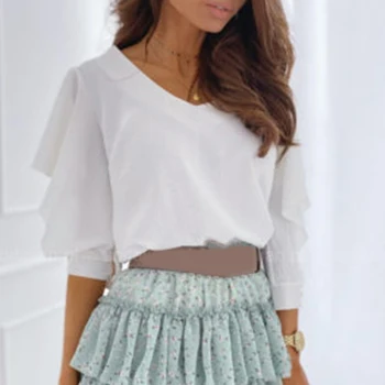 

Women V-neck Back Button Irregular Blouses Hollow Out Three Quarter Sleeve Female Blouse Summer Casual Solid Ruffle Ladies Top
