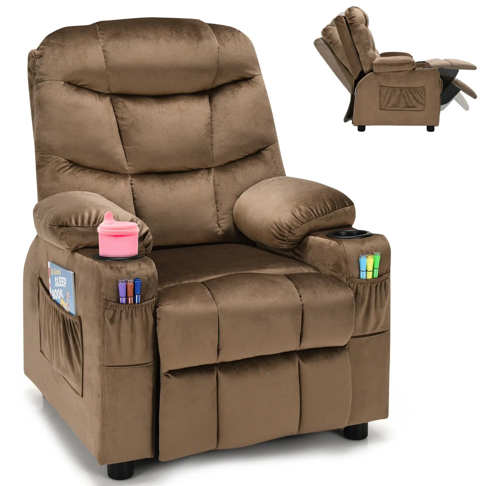 Kids Furniture Kids Sofa Manual Recliner Leather Ergonomic Lounge w/Cup Holder Children Gift Brown 