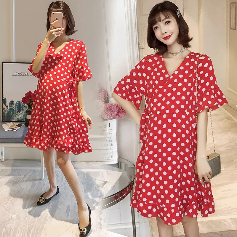 

2019 New Style Fashion Loose Summer Tops Nursing Polka Dot Flounced-Chiffon Dress Fairy Pregnancy