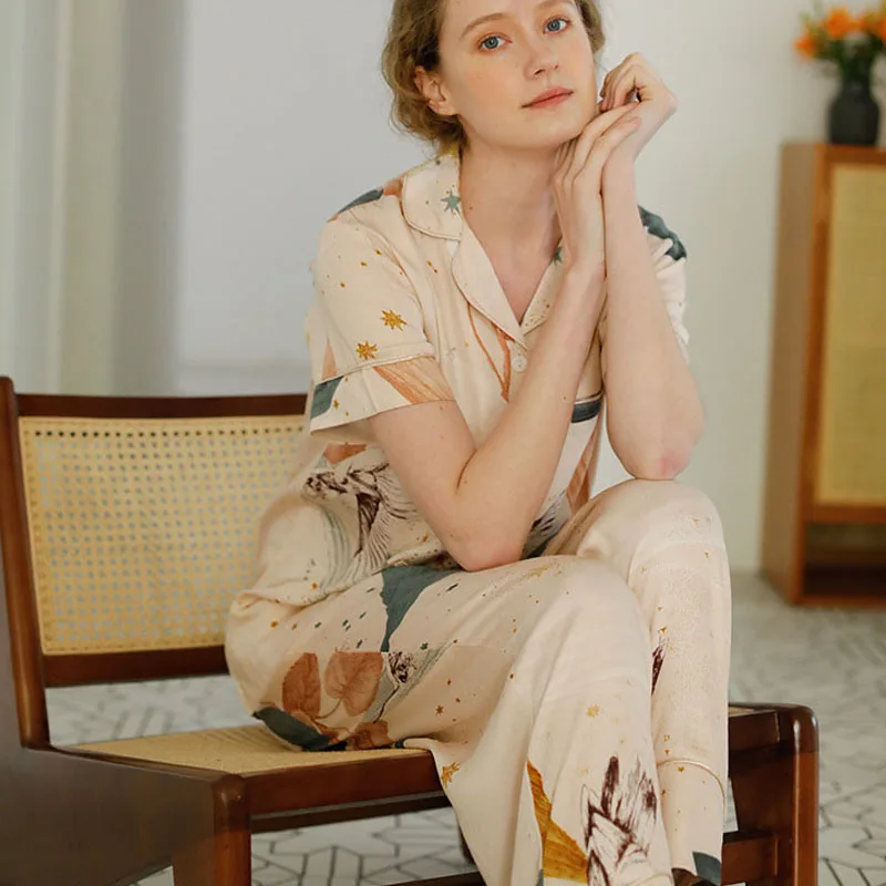 Пижама женская хлопковая с коротким рукавом и принтом звездного неба | Женская