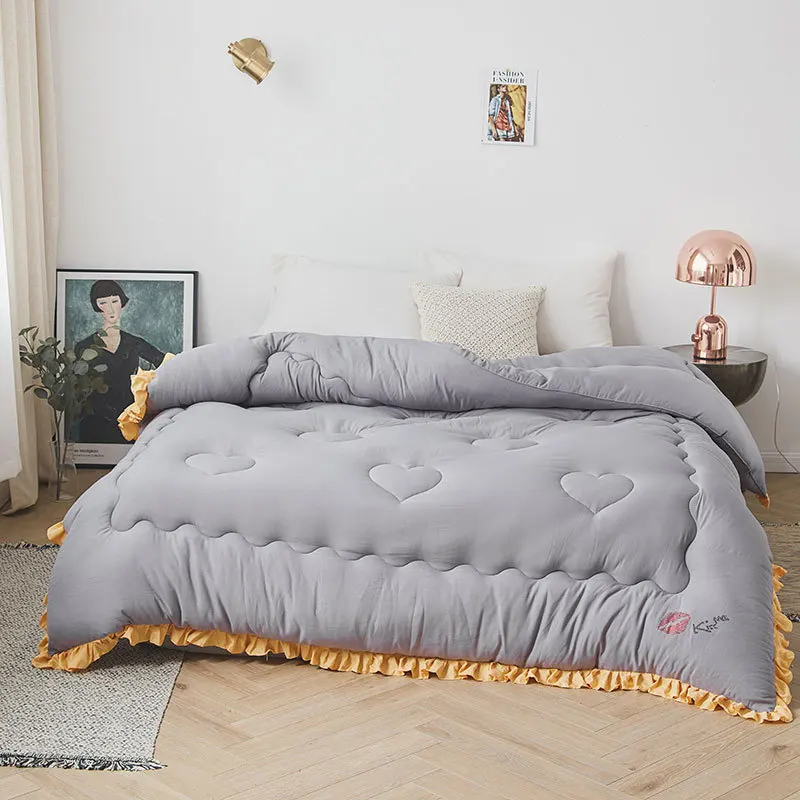 grey golden Новое одеяло с оборками, вымытое хлопковое утепленное одеяло, мягкие зимние одеяла 200*230 см, зеленое домашнее постельное белье с сердечками, постельное белье для принцессы - Цвет: grey golden