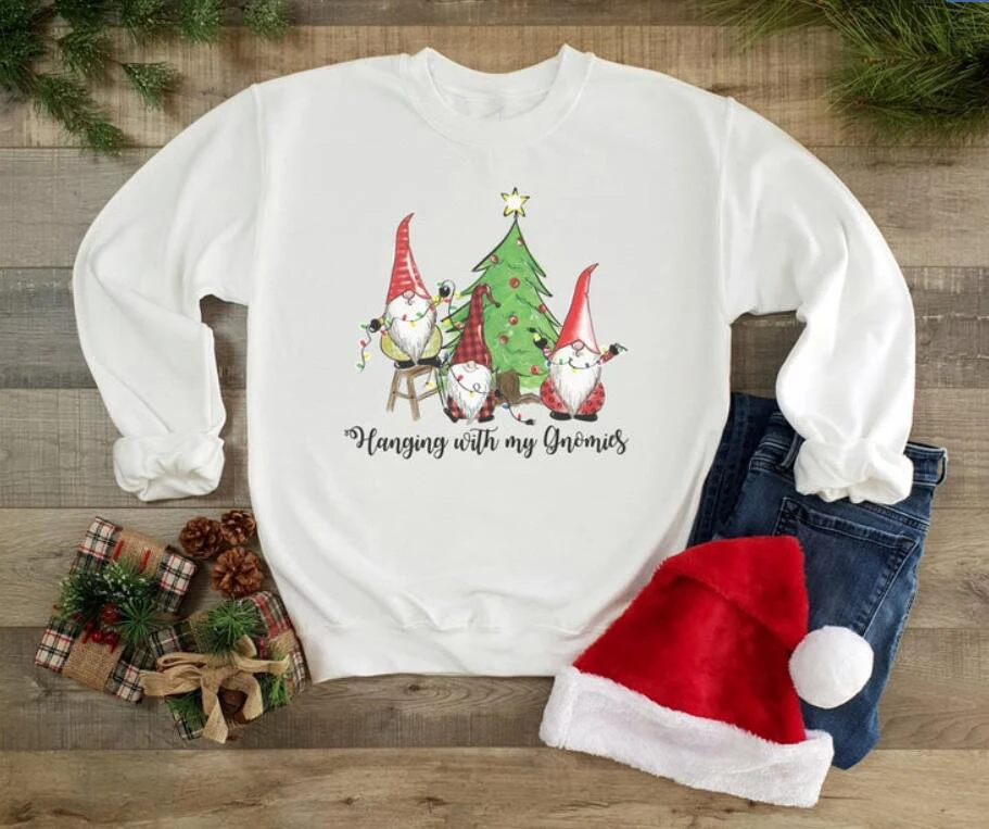 White Рождественский свитшот с надписью «My Gnomies Sweats»; Рождественская елка с цветным принтом «Gnomies»; рождественские наряды унисекс - Цвет: White