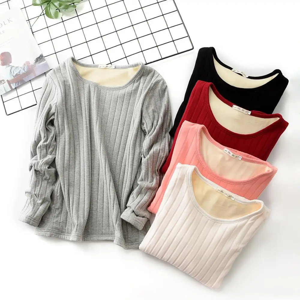

L-3XL Plus Size Women's Thermal Underwear Thick Warm Velvet Basic Tops Long Sleeve Female Winter Clothes Black Pink Second Skin