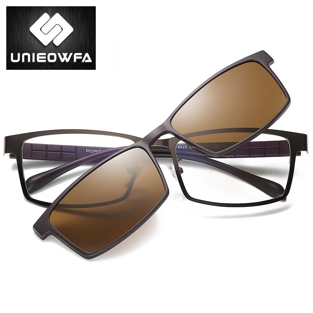 UNIEOWFA, 2 в 1, магнитная оправа для оптических очков, мужские очки по рецепту, очки для близорукости, оправа для очков, поляризованные очки на застежке, мужские солнцезащитные очки - Цвет оправы: C4 Brown