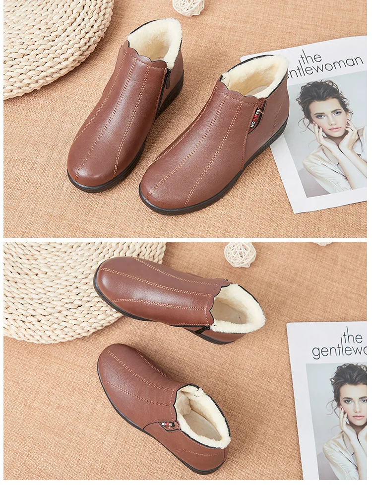 2025 Top Quality Mom Leather Ankle Boots Women Non-slip Winter Fur Snow Boots Female Wedge Oxford Sneakers Womens Winter Shoes