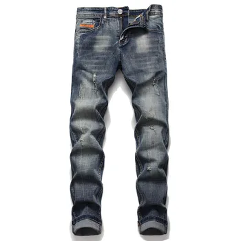 

European men Italy famous brand jeans pants Men slim jeans zipper straight jeans pants gentleman grey hole jeans for men 2005
