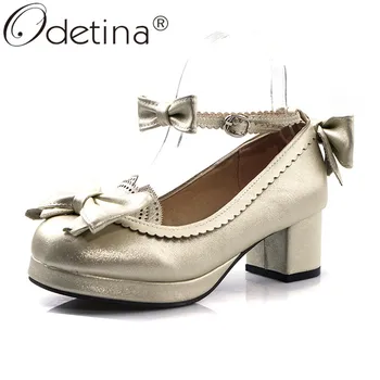 

Odetina New Women Chunky Block Mid Heel Cosplay Princess Mary Jane Lolita Shoes Platform Ankle Strap Pumps Bowknot Plus Size 48