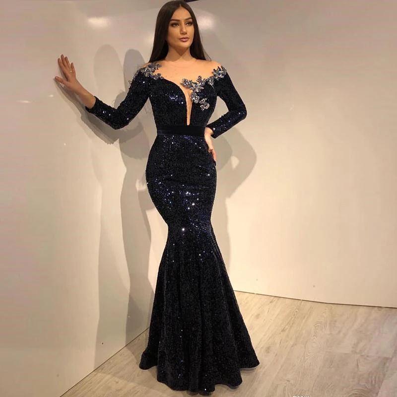 

HZWL Black Sequins Dubai Mermaid Evening Dress 2020 Elegant Long Sleeve Sheer Neck Formal Party Gown robe de soiree Prom Dresses