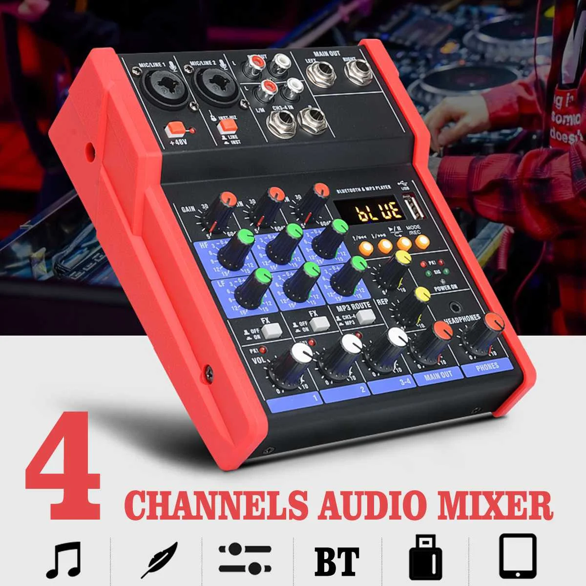 Professional 4 Channel Audio bluetooth Mixer USB Console Sound Card Karaoke KTV Stereo Mixing Stage Live Studio Music Mixer DJ Professional 4 Channel Audio bluetooth Mixer USB Console Sound Card Karaoke KTV Stereo Mixing Stage Live Studio Music Mixer DJ