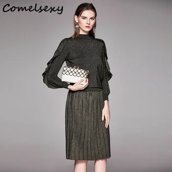 

Bright Silk Knitted Ruffles Long Sleeve Slim Women Sweaters Tops+Ruched Elastic High Waist Knit Skirts Autumn Winter Sets