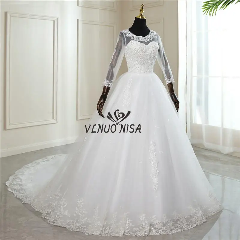 wedding dresses Real Video New Vintage O Neck Plus Size Wedding Dress with Sleeve Simple Long Train Lace Embroidery Bridal Gown Vestido De Noiva traditional wedding dresses