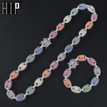 

Hip Hop 11MM Gold Color Bling CZ Coffee Bean Link Chain Charm Solid Back Iced Out Chain Necklaces Bracelet For Men Jewelry
