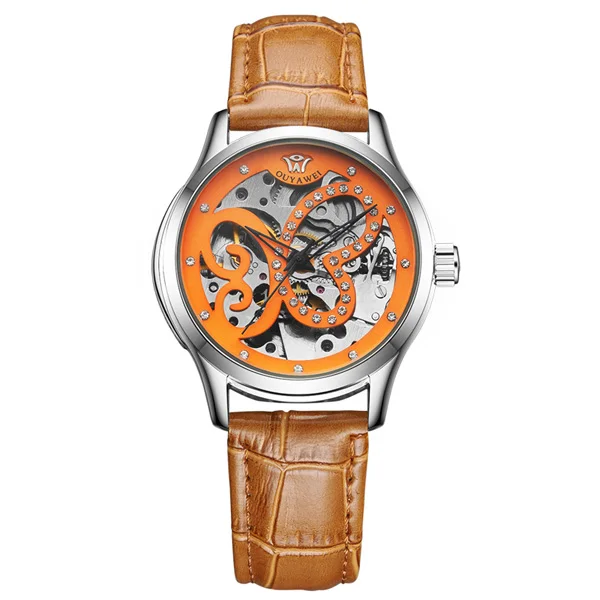 Women Automatic Mechanical Watches Skeleton Stainless steel Clock Elegant Ladies Watch Gift For Women OYW-1403 - Цвет: Коричневый
