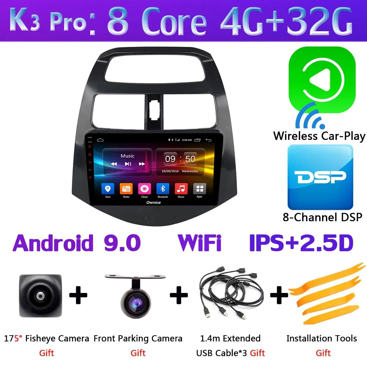 360 ° панорамный gps Радио Android 9,0 Восьмиядерный 4G+ 64G DSP CarPlay Автомобильный плеер для Chevrolet Spark Beat 2010 2011 2012 2013 - Цвет: K3 Pro CarPlay