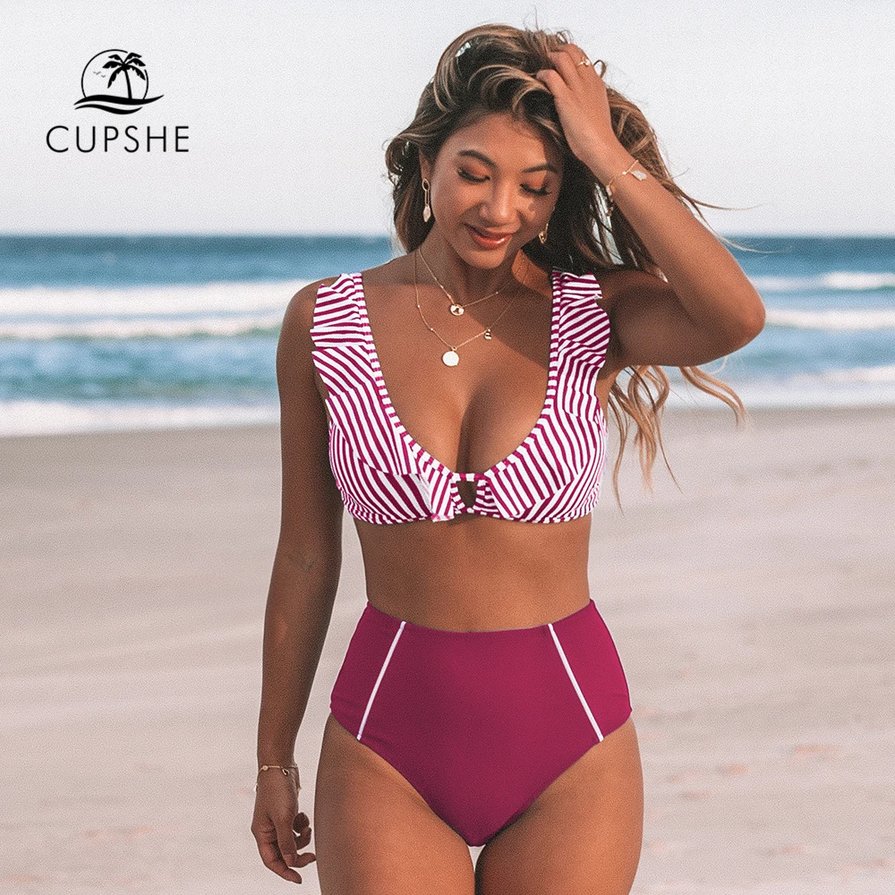 Swimsuit Women Bikini-Sets Bathing-Suits CUPSHE Ruffled Two-Pieces Stripe High-Waist