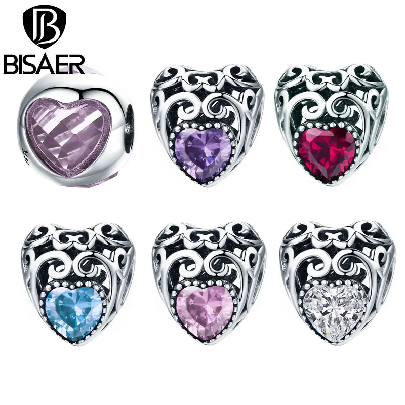 BISAER, 925 пробы, серебро, камень по месяцу рождения, перлы, Сияющие капли, Розовый CZ Кристалл, бусины, шарм, подходит для серебра 925, браслет, изготовление ювелирных изделий
