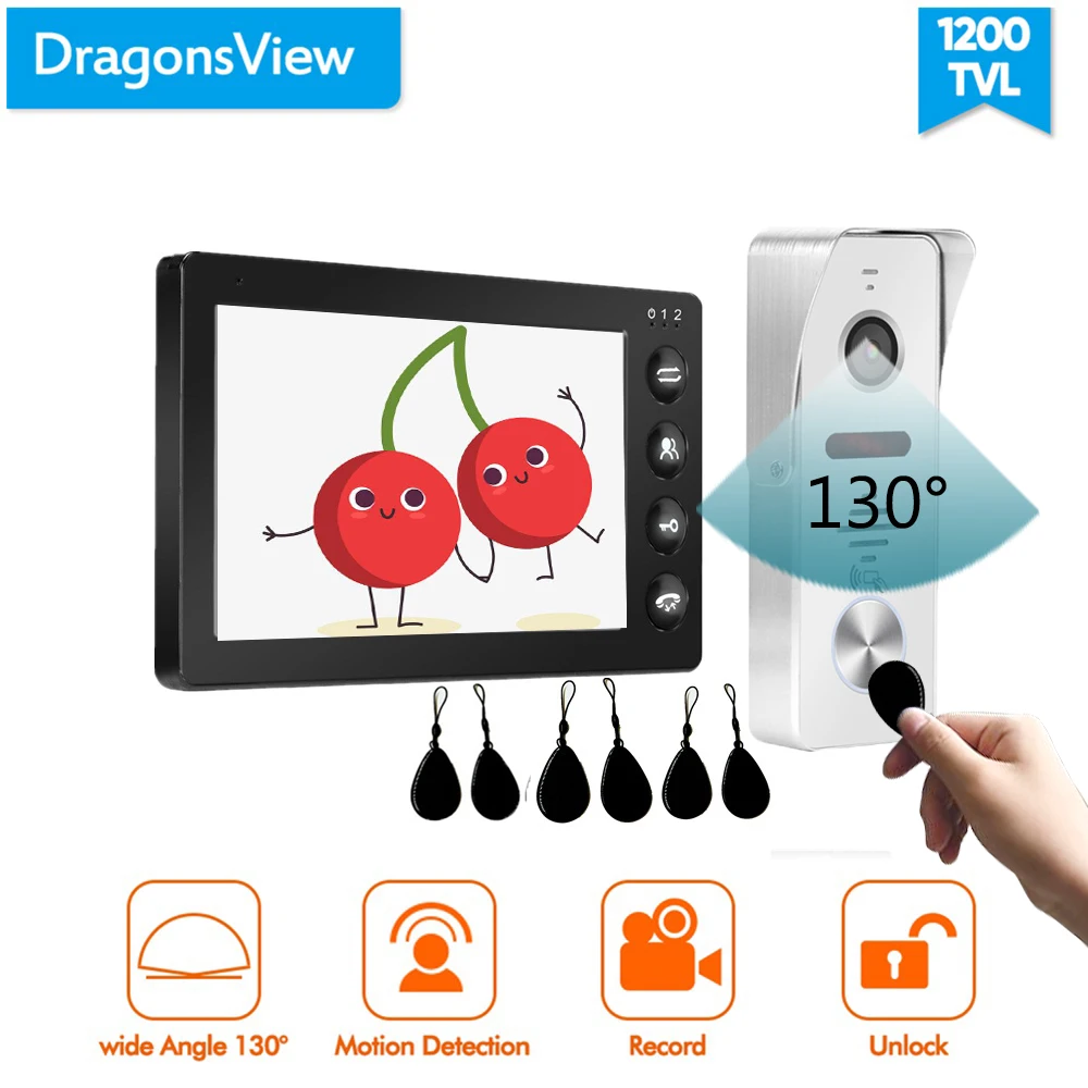 Dragonsview 7 дюймов видеодомофон движения черный монитор видео домофон система записи 1200TVL разблокировка разговора IC карта