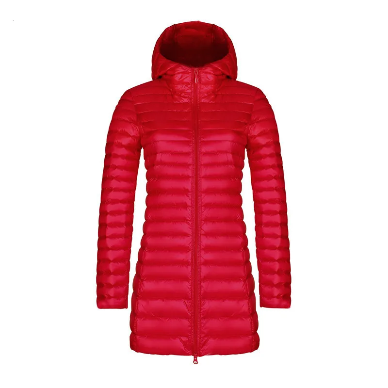 Длинная парка на утином пуху, теплая пуховая куртка для женщин, зимние пуховые пальто большого размера, ультра легкие стеганые пальто с капюшоном, верхняя одежда - Цвет: Bright red