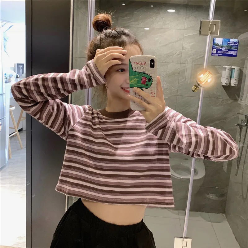 

Spring Autumn Women T Shirt Character Stripe Print Stripe Patchwork Casual Loose Long Sleeve T Shirt Tee Top
