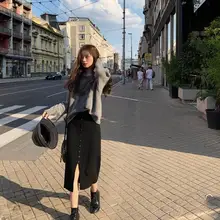 Осень Зима Толстая Женская вязаная юбка империя спереди разрез однобортный бедра посылка юбка женская элегантная юбка