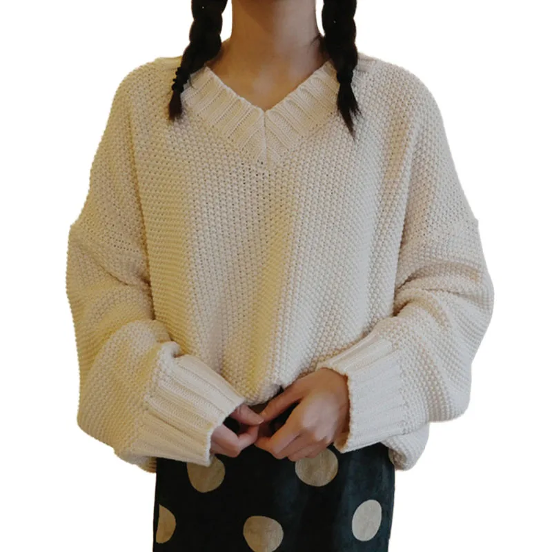 

NORMOV Sweet Women Sweaters Autumn Winter V Neck Long Sleeve Cotton Pullovers Solid Loose Knitted Sweaters