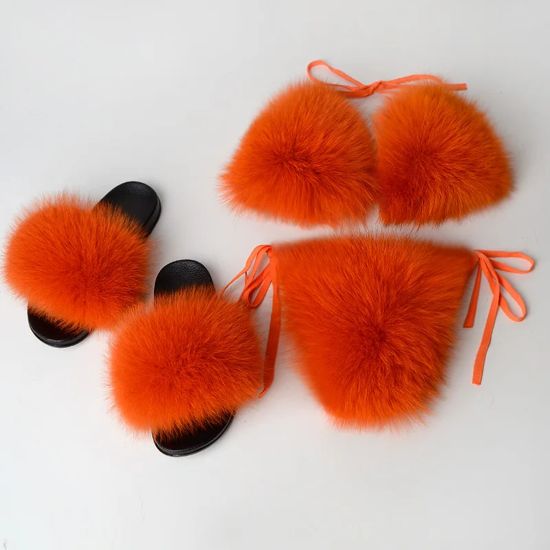 Orange set Женские тапочки из натурального Лисьего меха; пикантные комплекты с бюстгальтером-бикини из меха; повседневные пушистые плюшевые шлепанцы; женские меховые Вьетнамки; пляжный купальник; нижнее белье - Цвет: Orange set