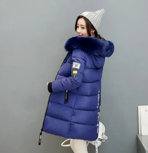 blue Теплое большое меховое Стеганое пальто с капюшоном, зимняя женская куртка, модная однотонная пуховая хлопковая парка на молнии размера плюс, тонкая верхняя одежда BY45 - Цвет: blue