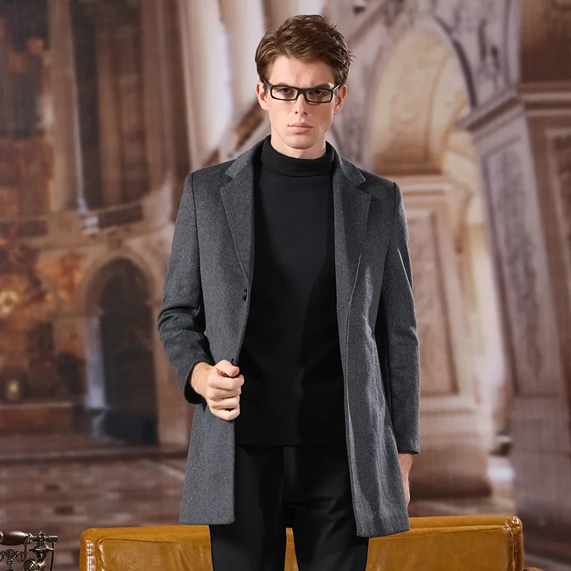 Зимнее Новое модное Брендовое пальто для мужчин, шерстяное длинное приталенное пальто, теплые куртки из смесовой шерсти, пальто-Тренч, повседневная мужская одежда - Цвет: Серый