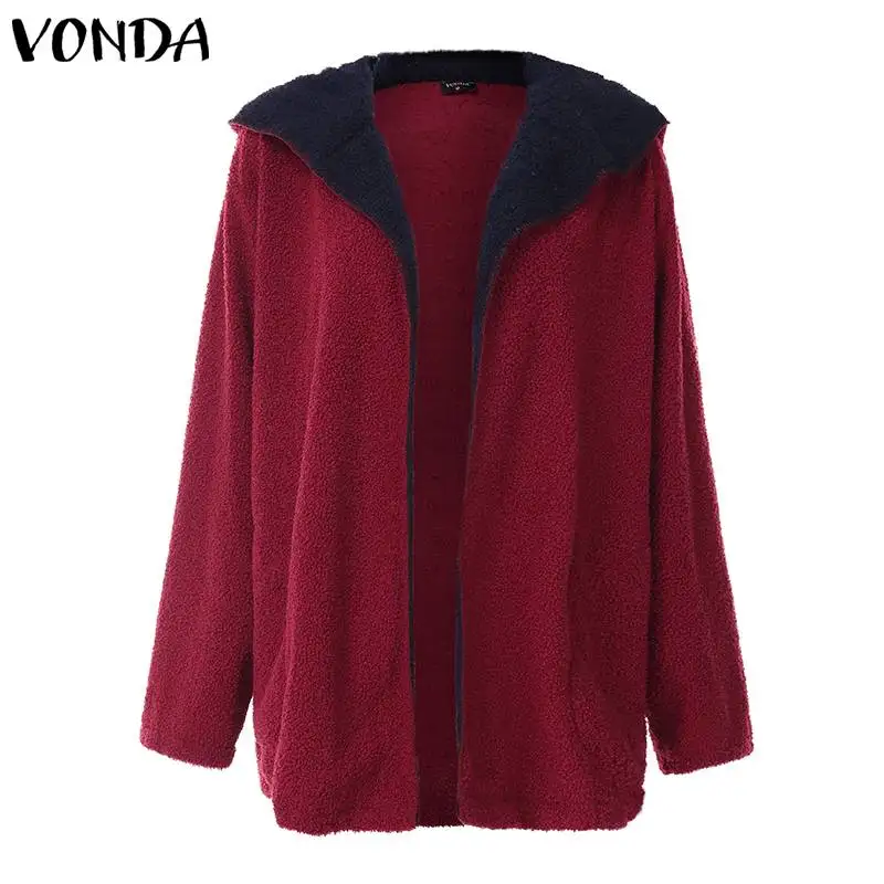 VONDA/женские осенне-зимние пальто с искусственным мехом, пальто с капюшоном, большие размеры, куртки с длинными рукавами, утепленный флисовый кардиган, пальто 5XL