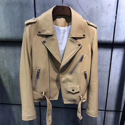 Coat khaki Новые модные женские туфли осенние Карамельный цвет кожаная куртка с застежками-молниями основные овчины пальто с отложным воротником, байкерские куртки, куртка с поясом - Цвет: Coat khaki