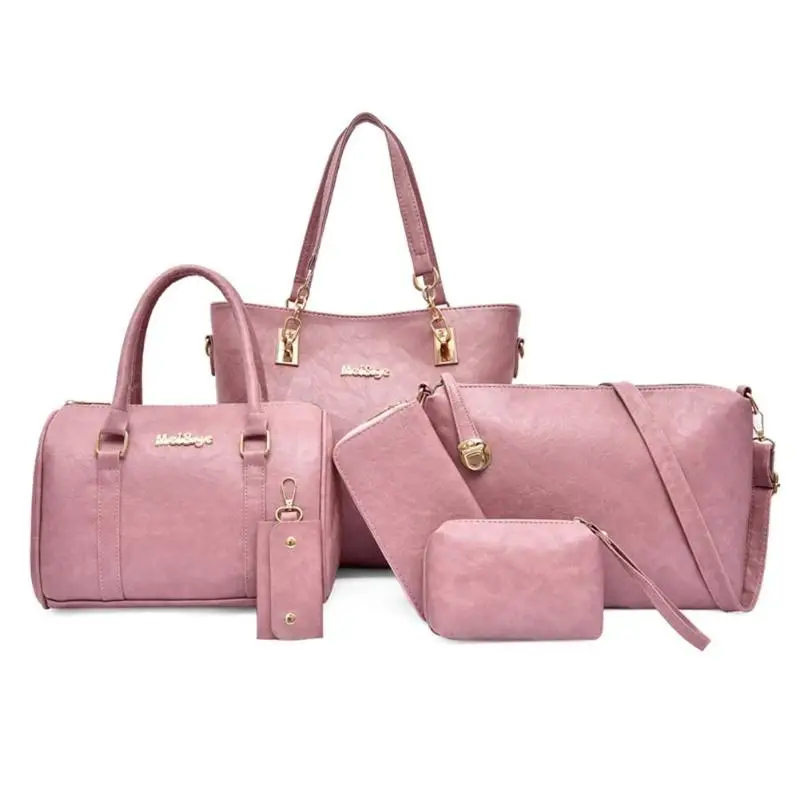 Pink 6 шт./компл. из искусственной кожи Для женщин сумки повседневные сумки Винтаж сумка Для женщин клатч заклепки сплошного цвета для кошелька держатель для карт - Цвет: Pink