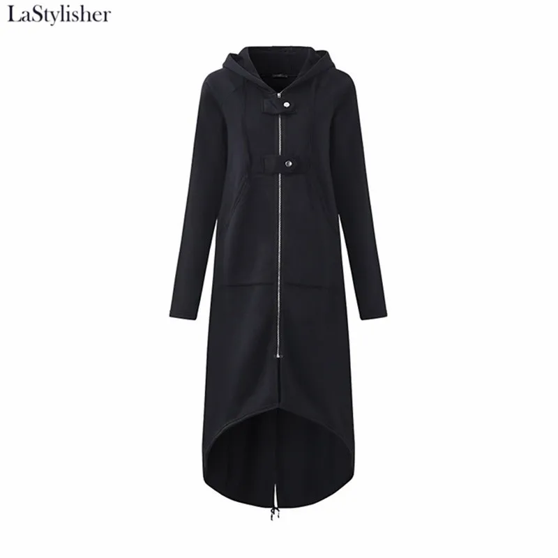 Черный LaStylisher модное женское пальто с длинным рукавом и капюшоном, Осеннее Черное длинное пальто на молнии размера плюс, женское бархатное пальто, одежда - Цвет: Черный