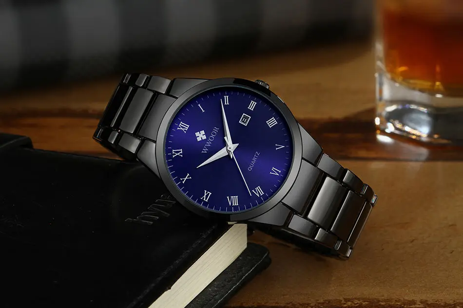 WWOOR Men Watch Top Luxury Blue Stainless Steel Waterproof Watches Casual Sports Quartz Date Clock Wristwatch Male+Gift box
