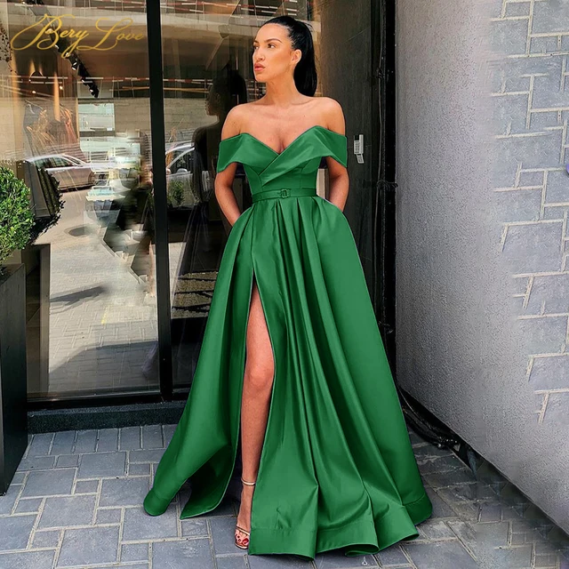 Off Shoulder Satin Evening Dresses Long Sexy High Slit Evening Gown Elegant High Waist Prom Dress Robe De Soiree Green